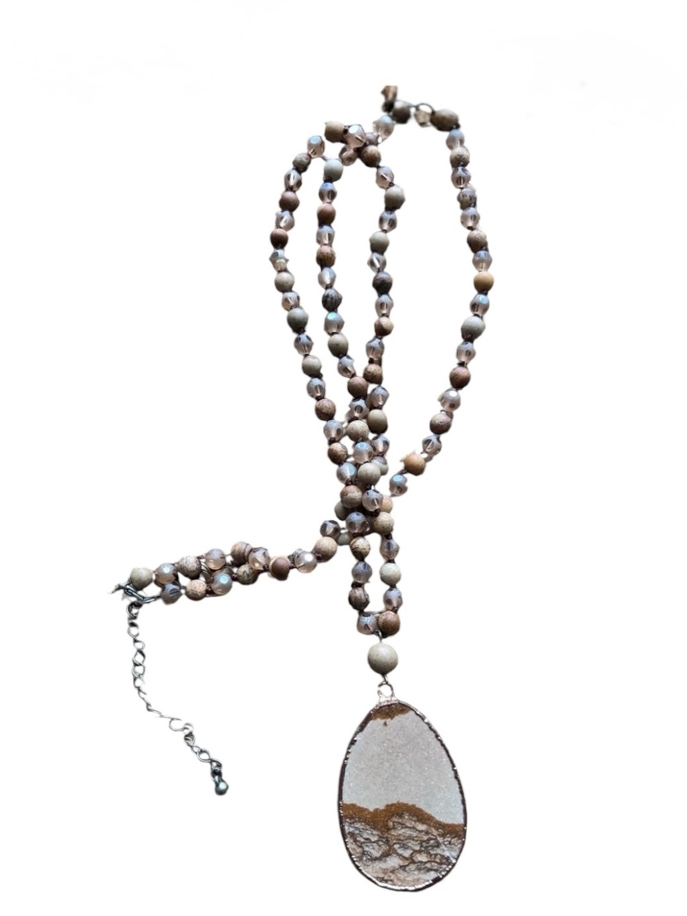 Natural Stone Teardrop Pendant Necklace in Beige and Brown